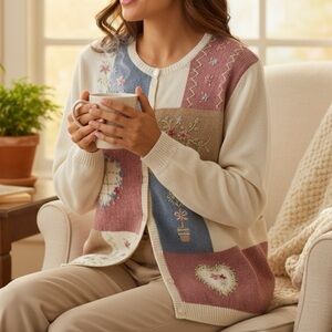 Granny Cottagecore embroidered Patchwork Cardigan sweater Pink & Cream Large